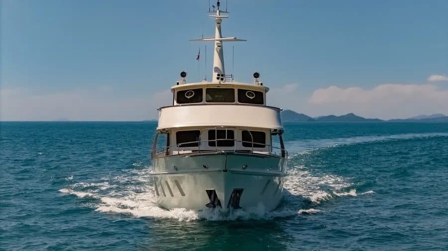 The motor yacht THEA under way, seen head-on